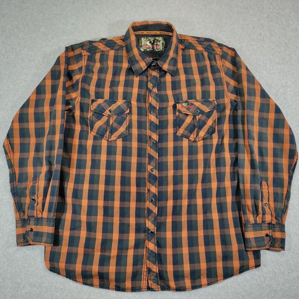 Mossy Oak Shirt Mens XL Orange Plaid Snap Button Long Sleeve Pockets Halloween